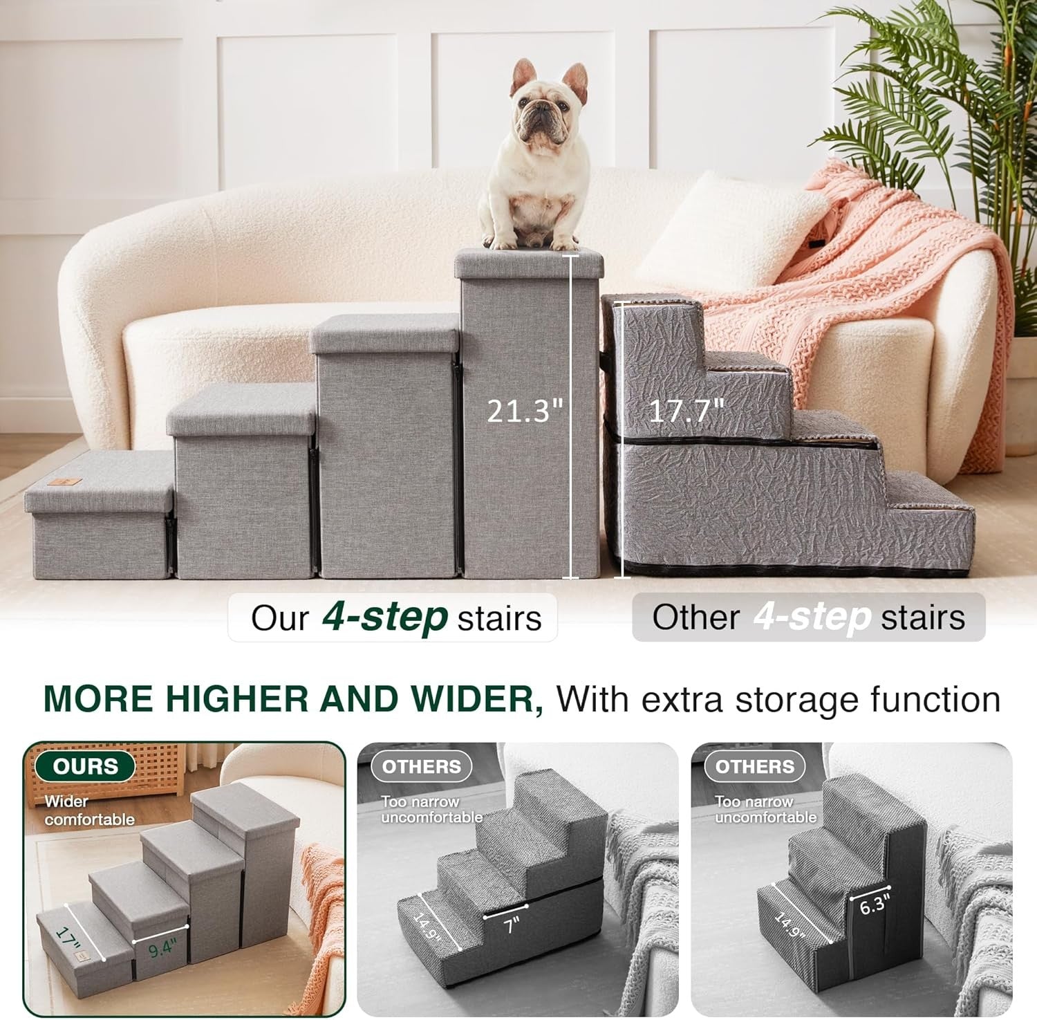 Dog Stairs 4 Step with Storage Foldable Pet Steps Solid Grey 200lb
