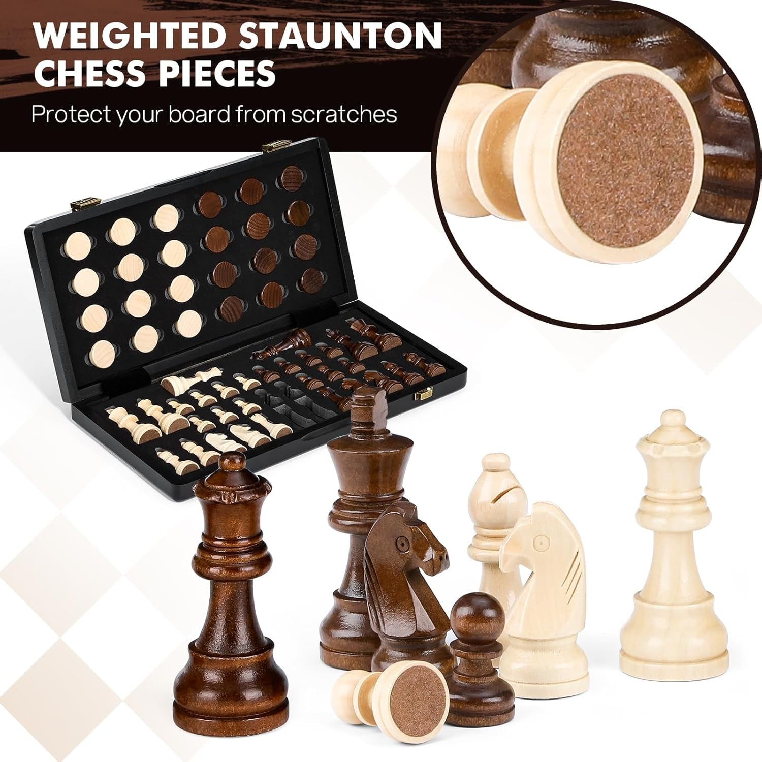 15" Magnetic 2-in-1 Chess & Draughts Folding Wooden Board Set w/ Extra Queens