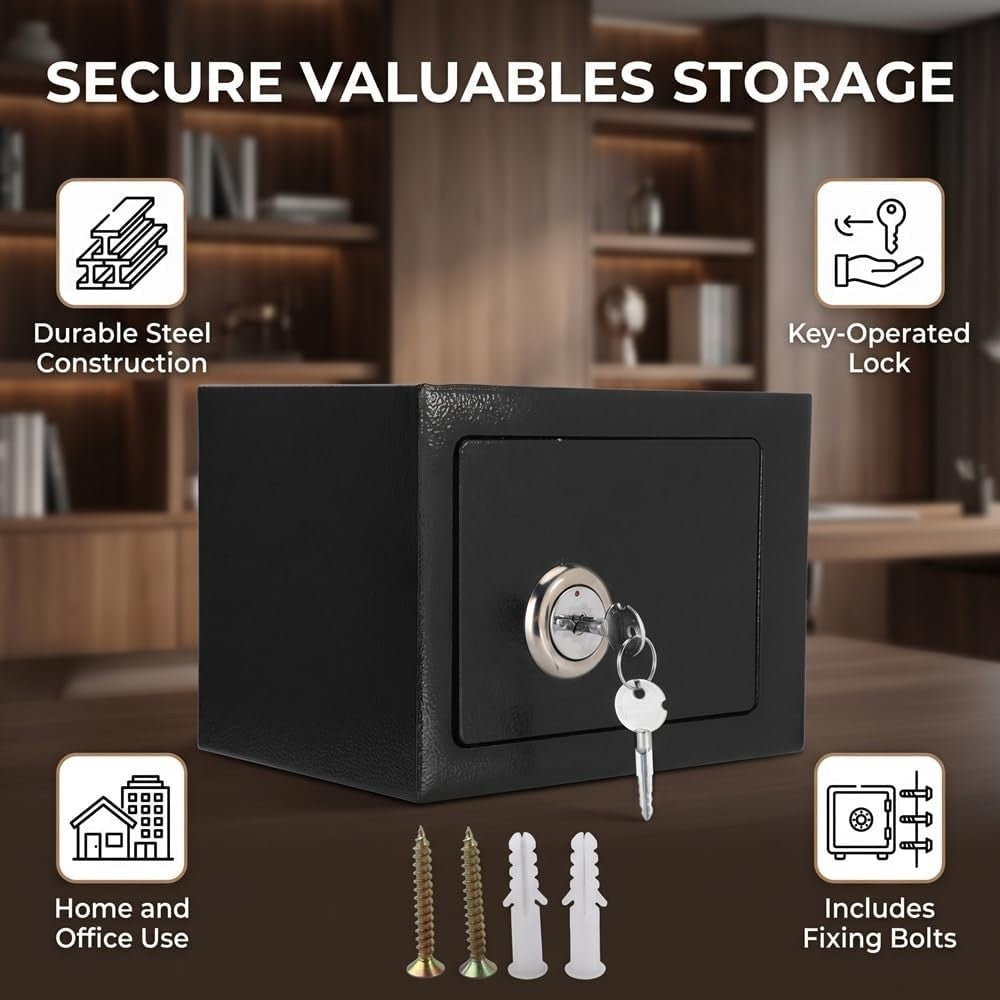 Small Steel Safe Box Key Lock Security Cash Jewelry Document Storage