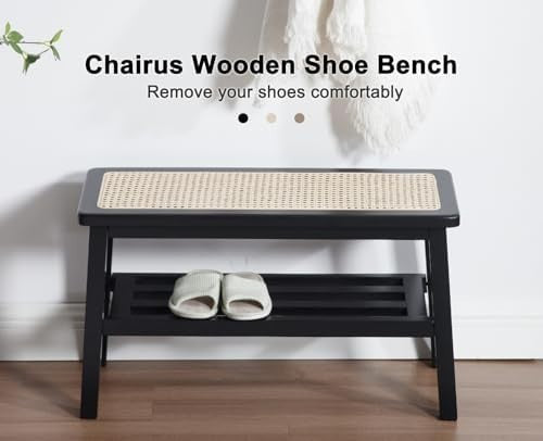 Black Mid-Century Rattan Dining Bench with Storage Ottoman Seat