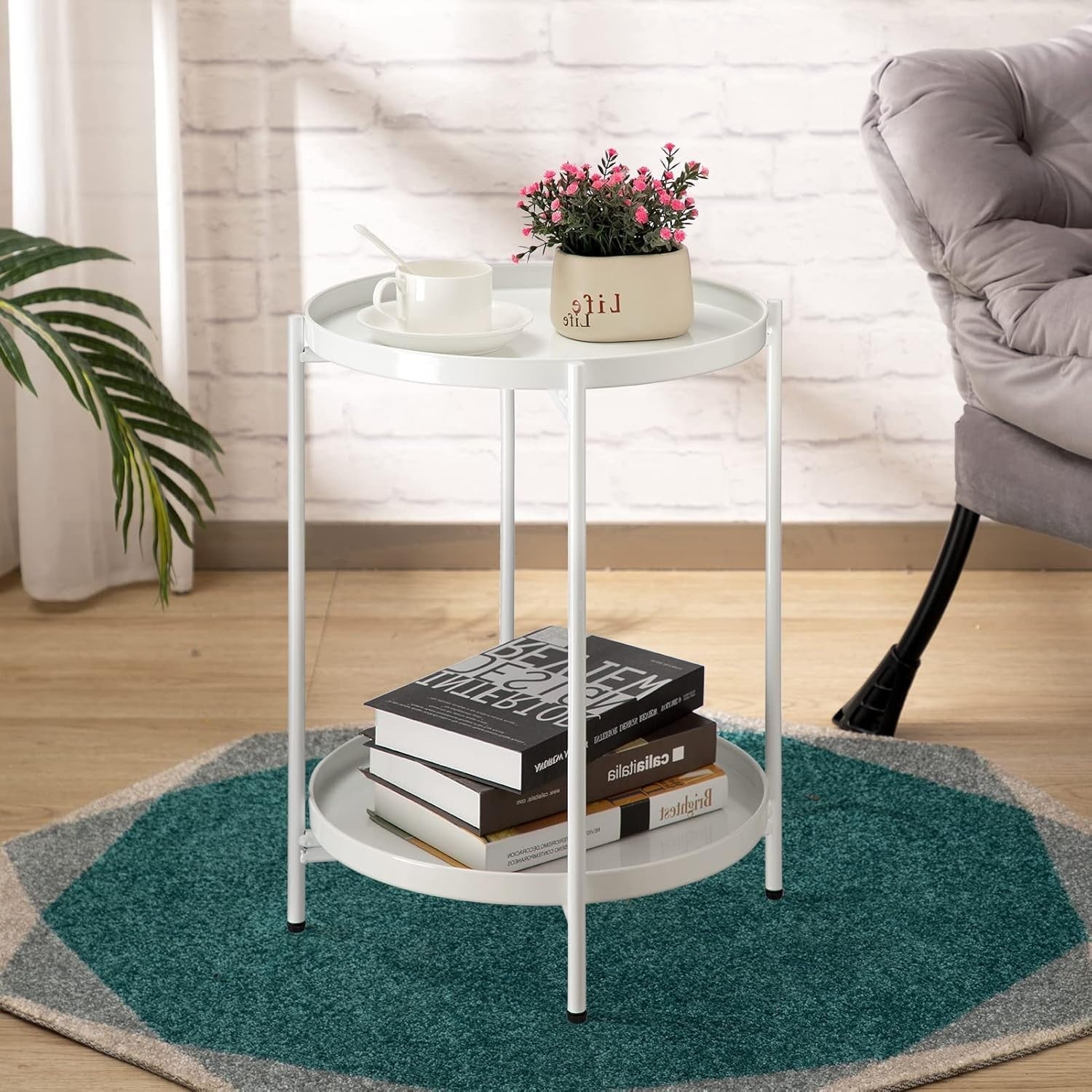 Small Round Metal Side Table 2-Tier Coffee Table Removable Tray White