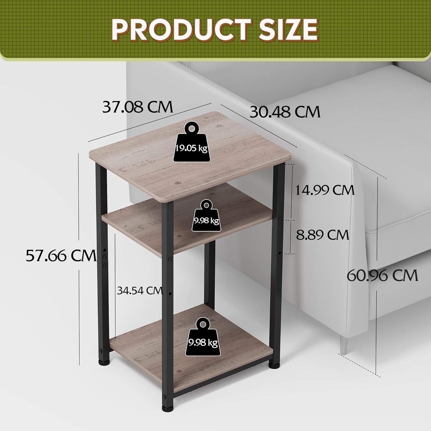 3-Tier Side Table – 56x37x31cm End Table Oak Wood Steel Frame