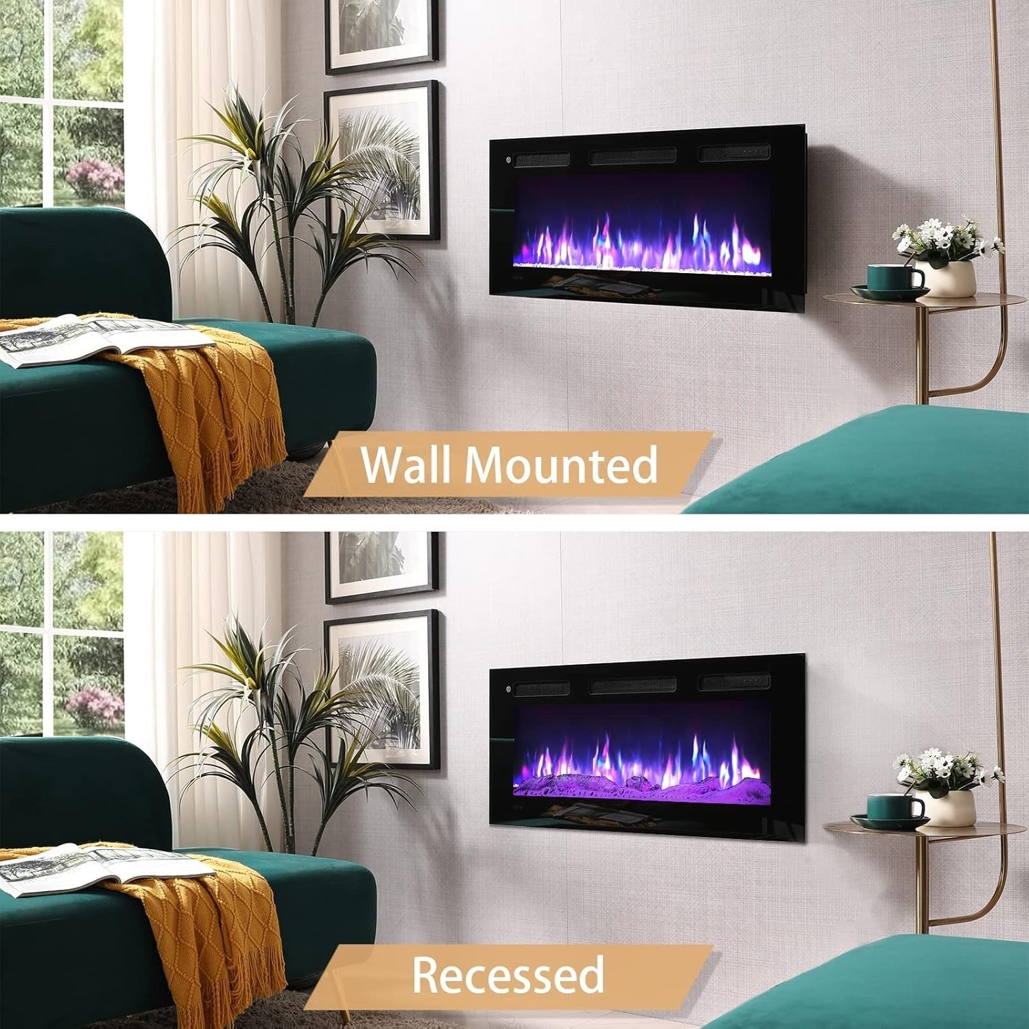 36" Wall Mounted Electric Fireplace with 9-Color Flame, Remote & Dual Heat