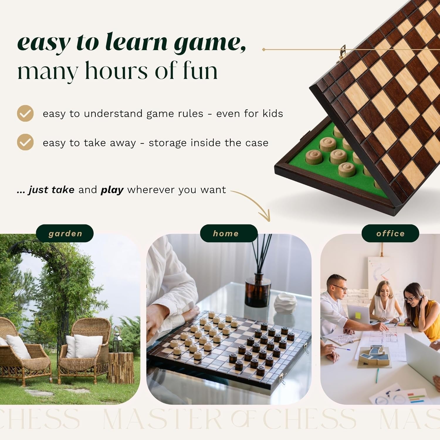 39cm Wooden Checkers Board | XXL 100-Square Folding Draughts Set | Travel Game