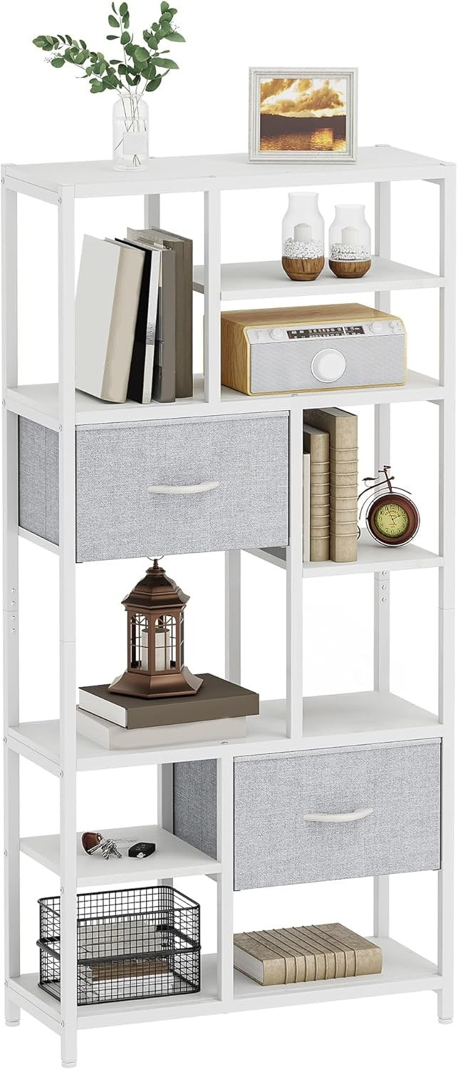 White 7-Tier Industrial Bookshelf with Drawers, Tall Storage Display Unit