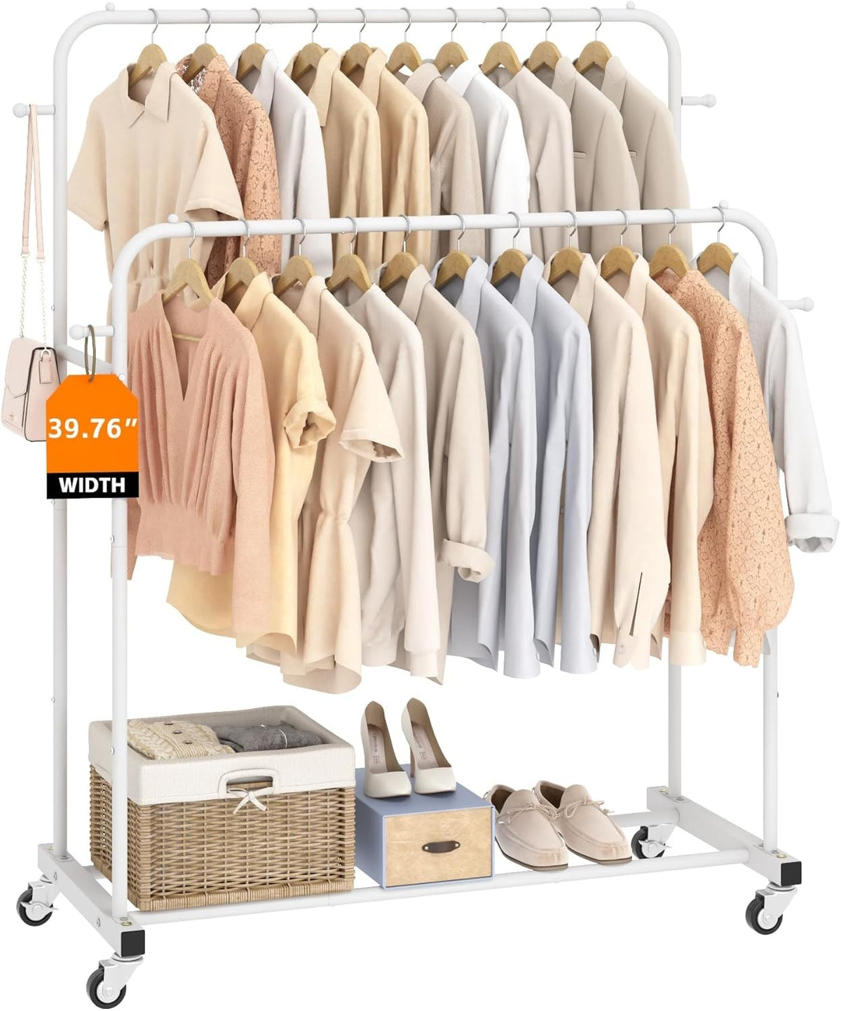 White Double Clothes Rail with Wheels & Hooks 169cm