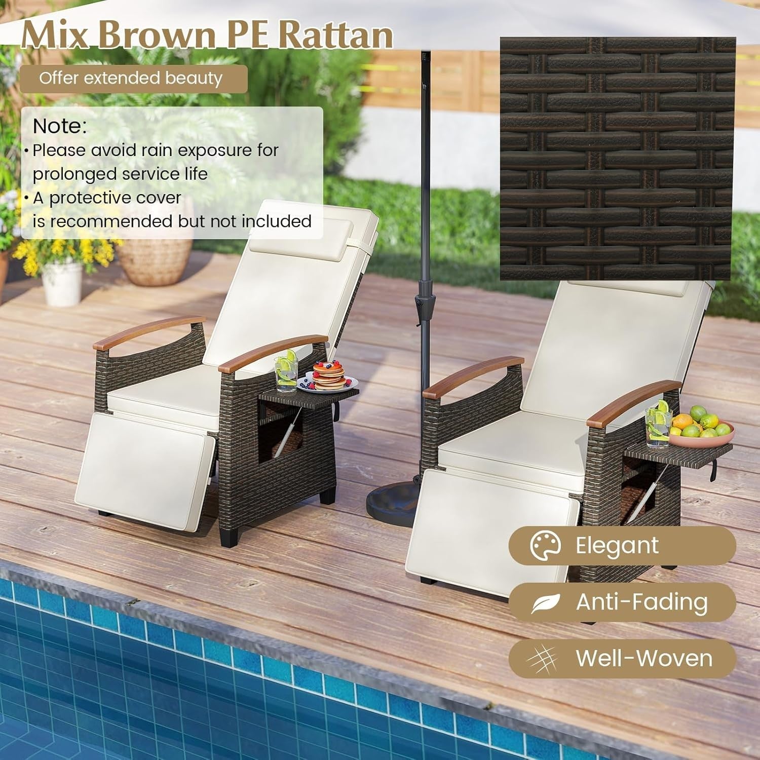 White Rattan Recliner Chair Adjustable Sun Lounger with Footrest & Side Table