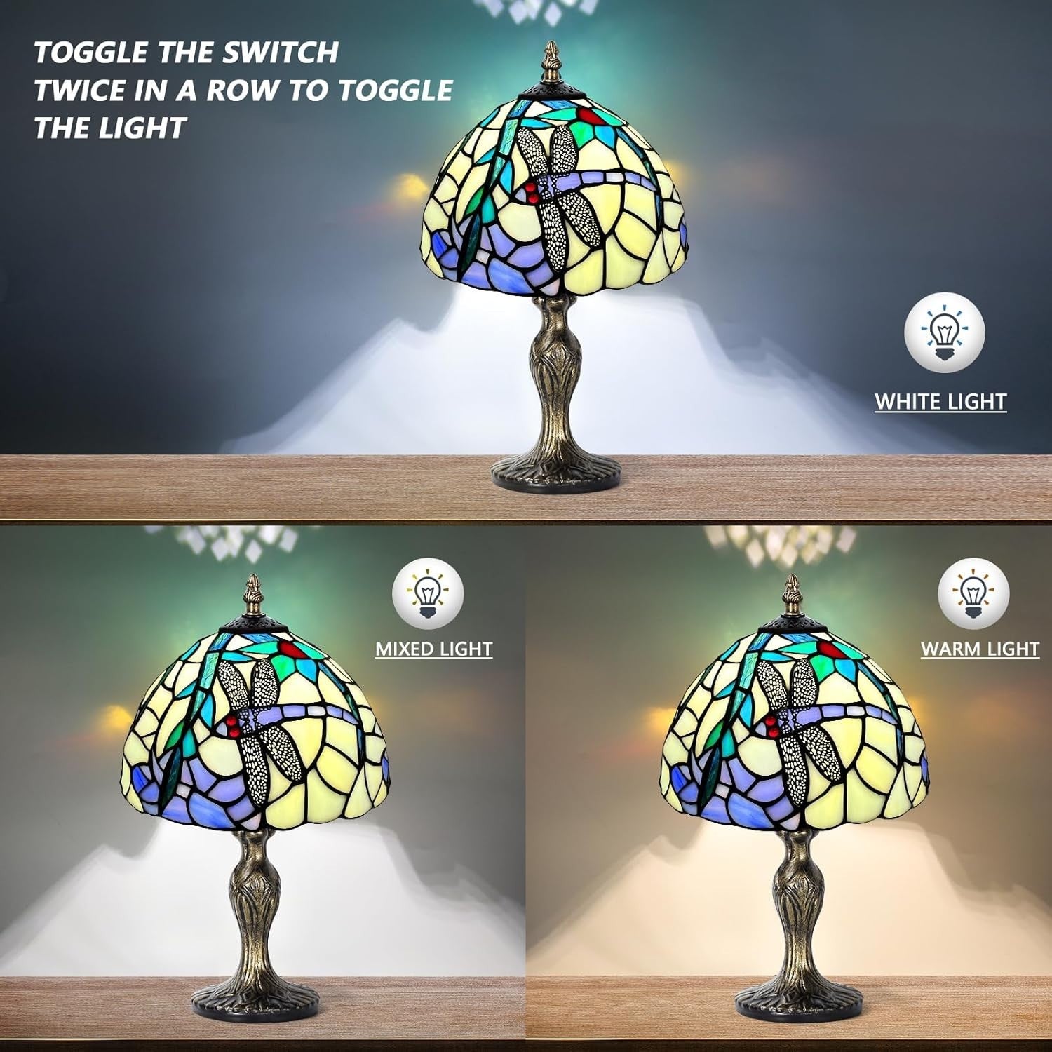 Handmade Stained Glass Table Lamp Dragonfly Shade Vintage Desk Light