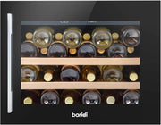 60cm Built In Wine Cooler 28 Bottle Glass Door LED Beech Shelves Black