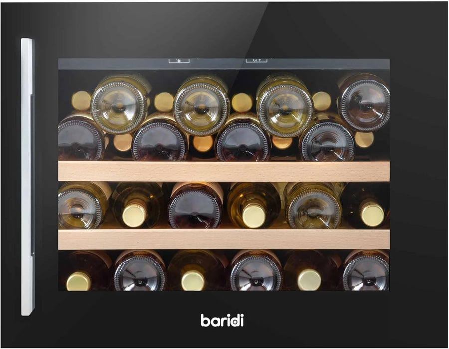 60cm Built In Wine Cooler 28 Bottle Glass Door LED Beech Shelves Black