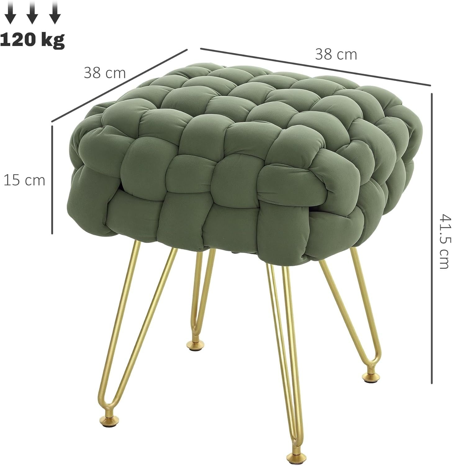 Dark Green Square Footstool Woven Velvet Ottoman Metal Leg Vanity Seat