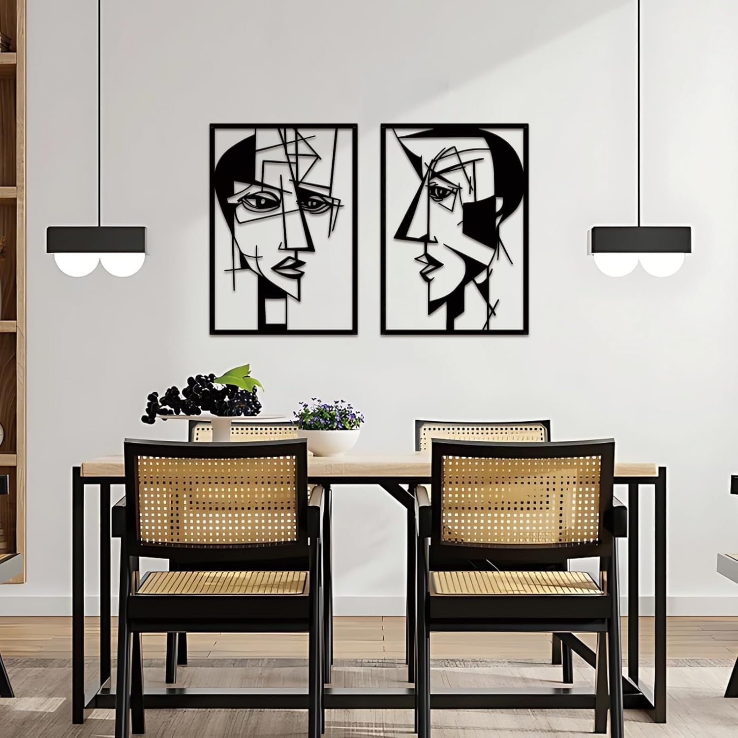 Set of 2 Abstract Metal Wall Art Faces Black Minimalist