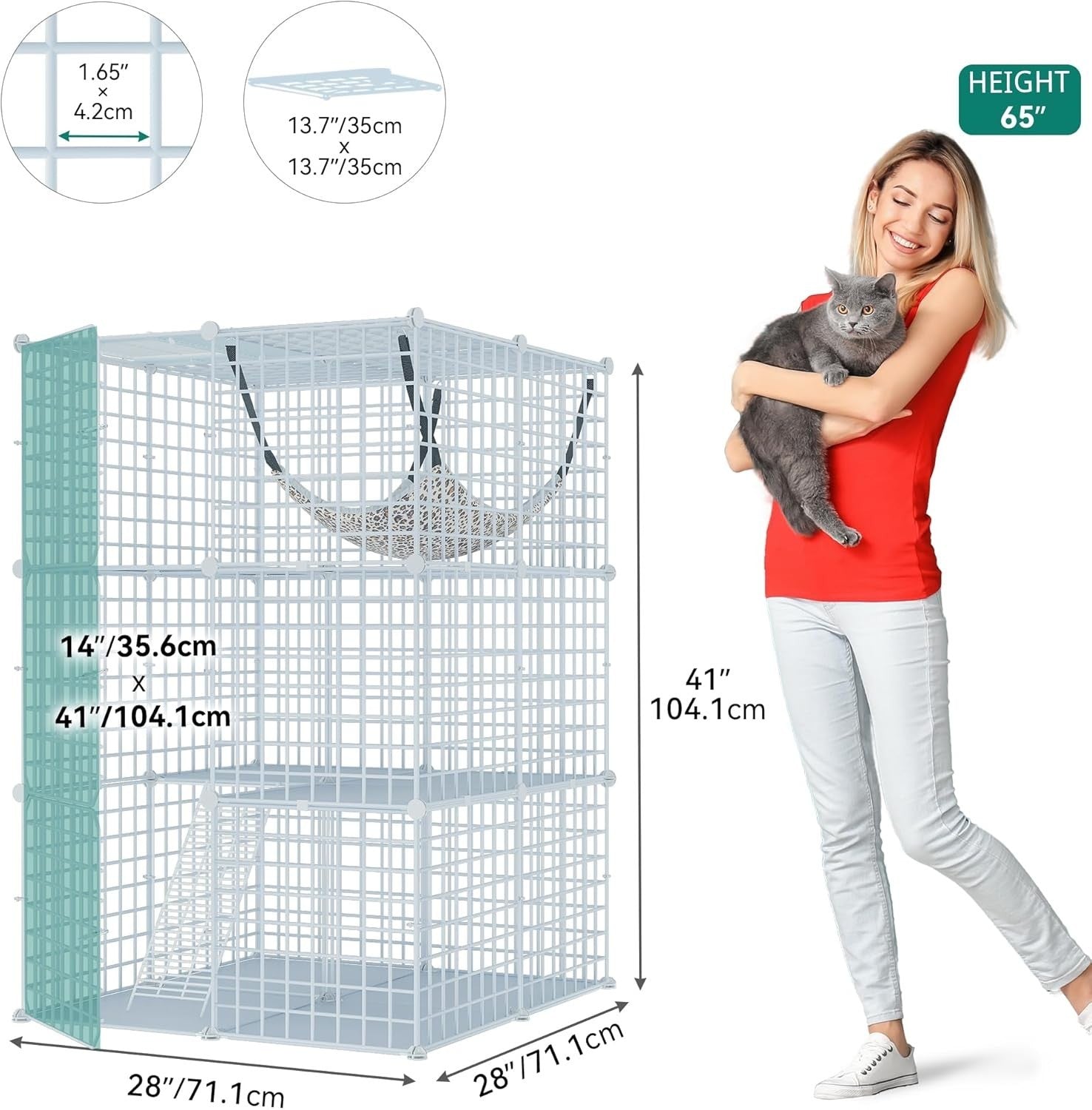 3-Tier Indoor Cat Cage Playpen with Large Hammock, Ladder & Doors, 72x72x107cm