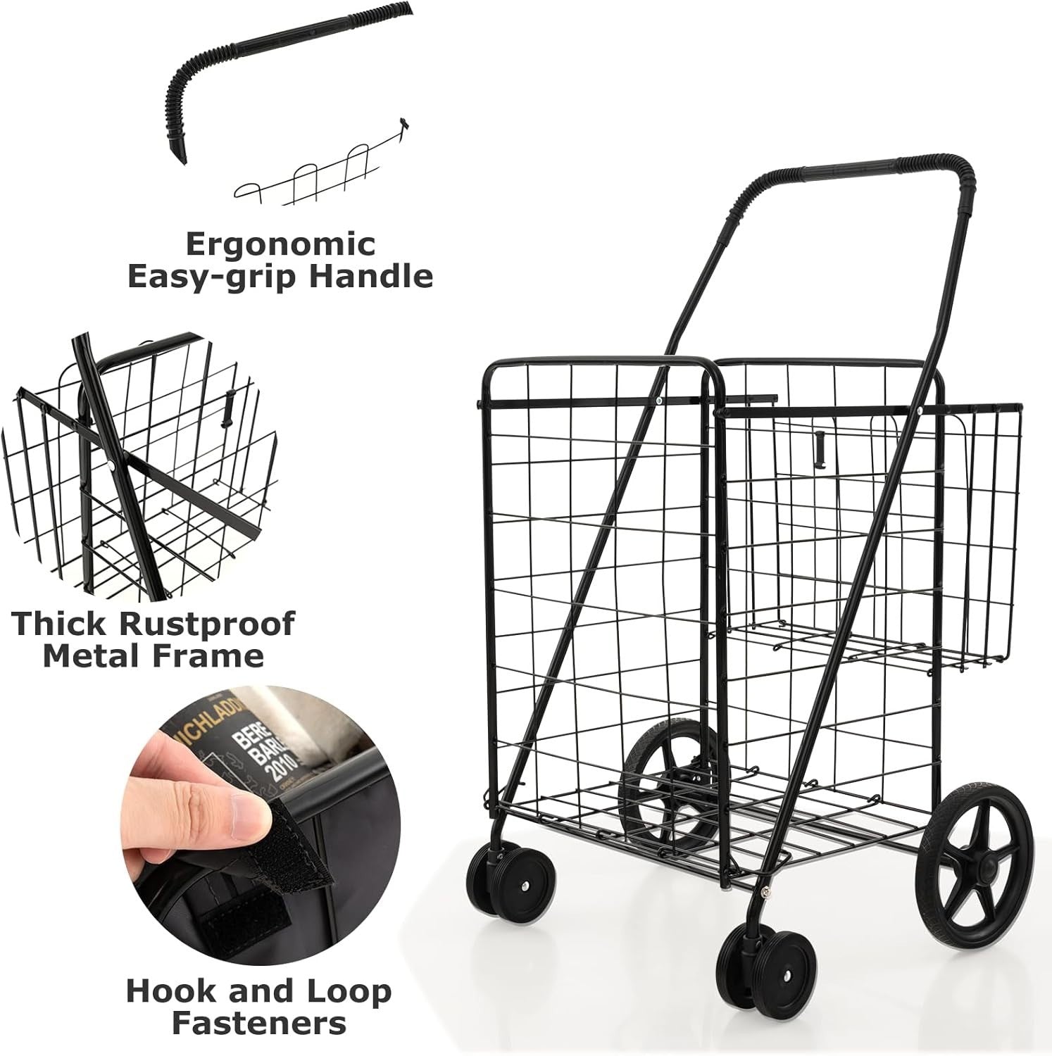 Foldable Shopping Cart On Wheels Heavy Duty Grocery Trolley Basket