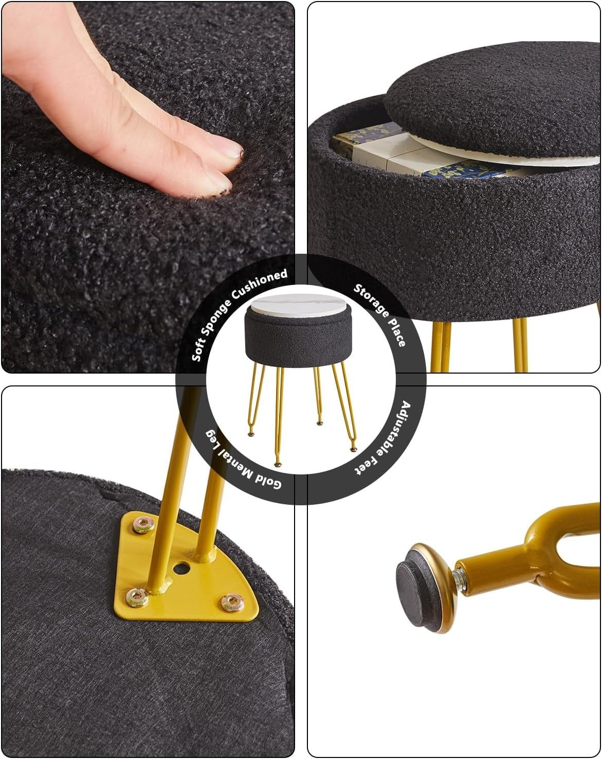 Black Teddy Velvet Storage Footrest Stool – Vanity Ottoman with Golden Legs