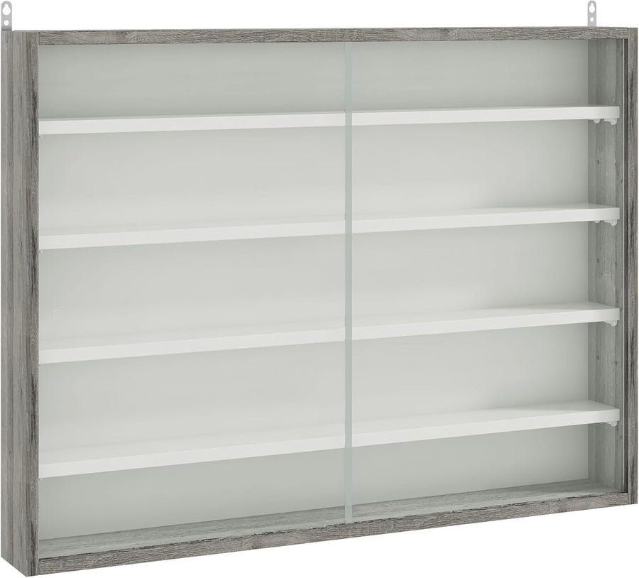 5-Tier Grey Wood Display Cabinet | Wall-Mounted Glass Sliding Door Shelf 60×80cm