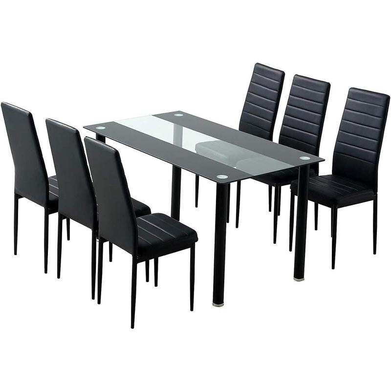 Clear Glass Dining Table Set with 6 Faux Leather Chairs Modern Kitchen