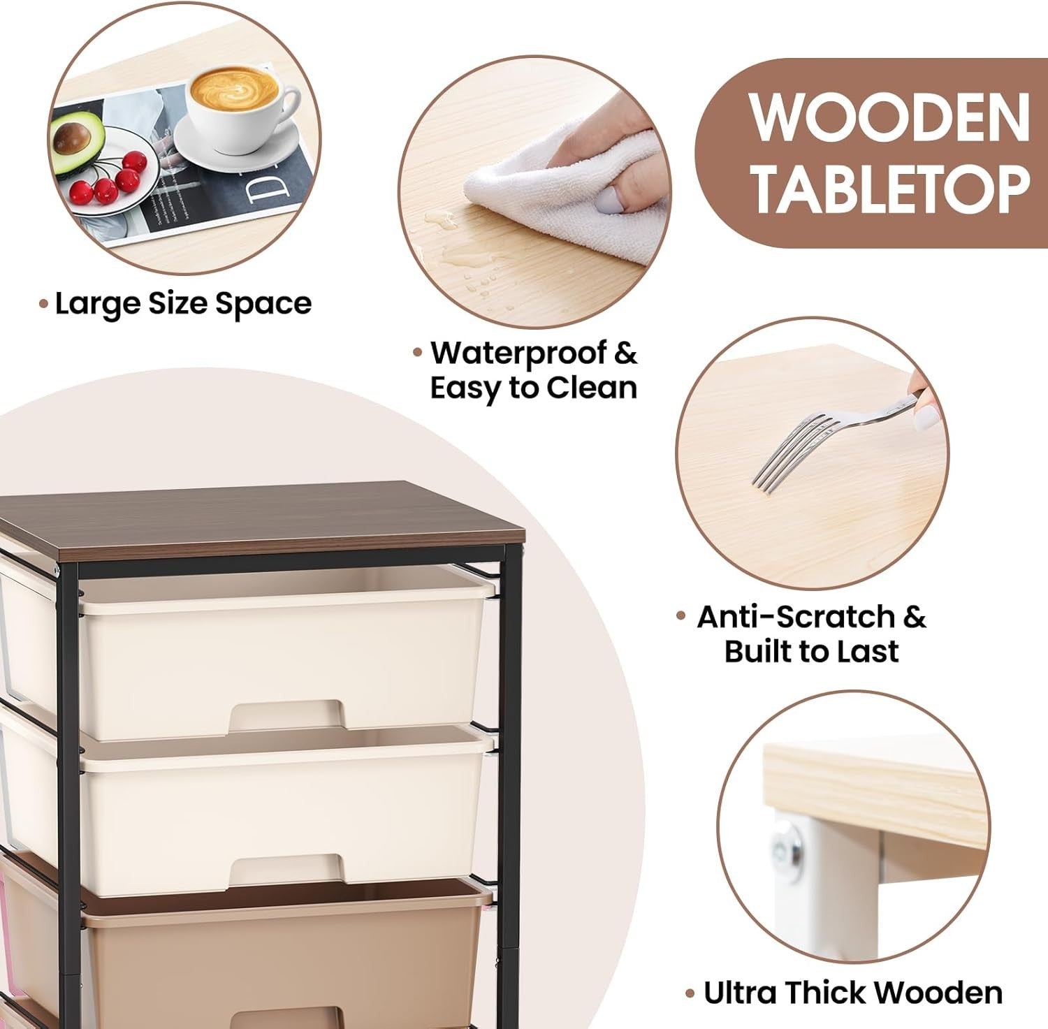 6 Drawer Rolling Storage Cart Utility Trolley with Wooden Top Brown