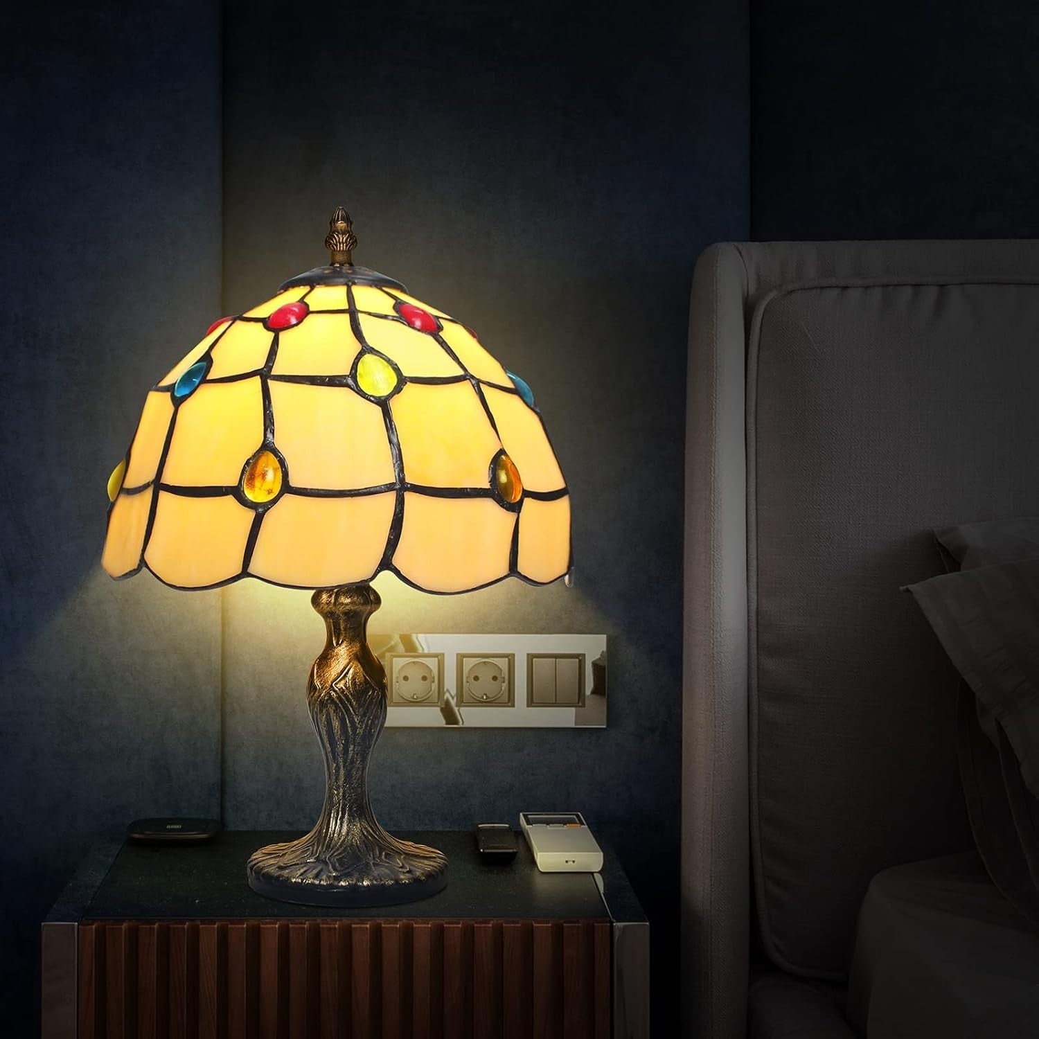 Vintage Stained Glass Table Lamp Crystal Beads Bedside Light for Home