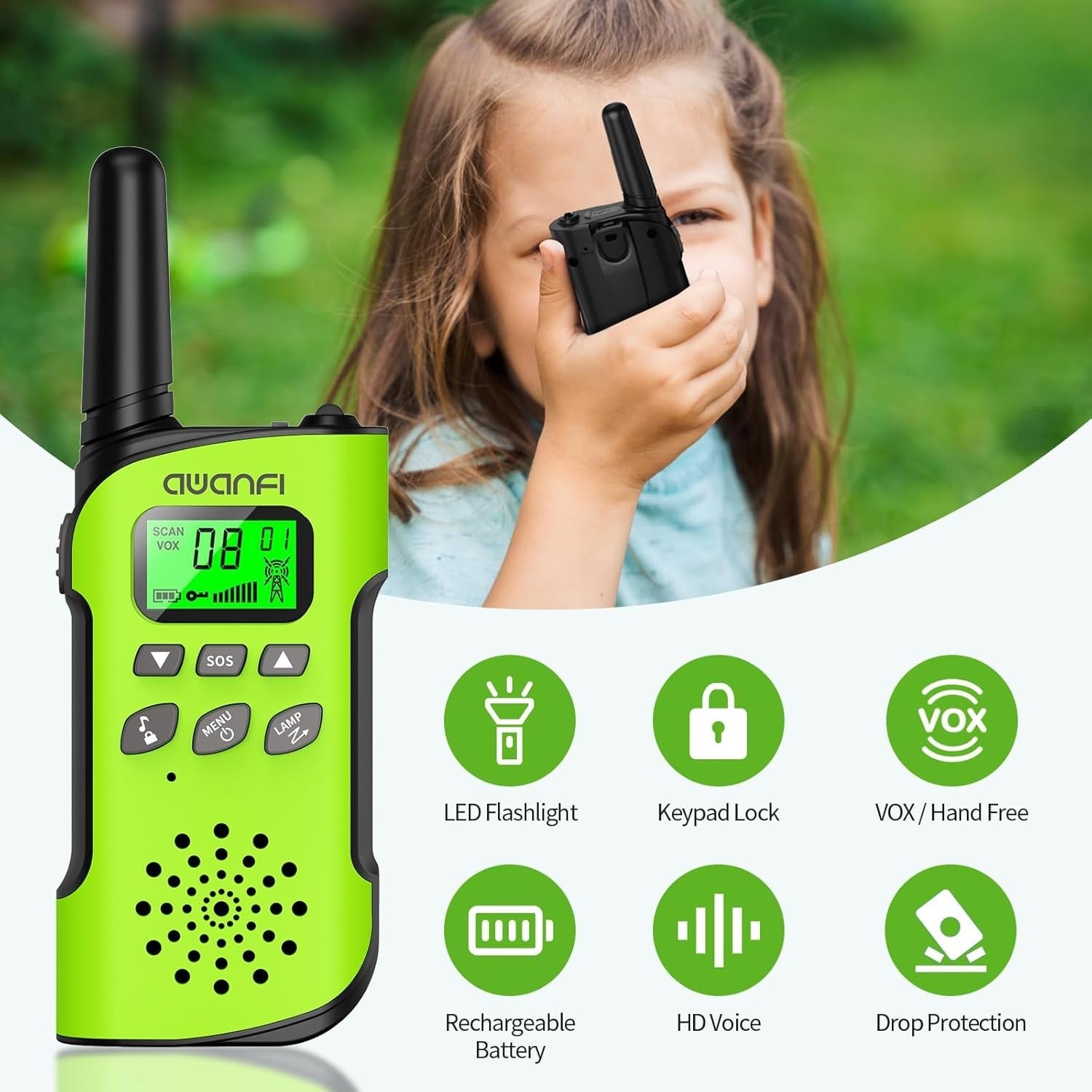 Rechargeable Kids Walkie Talkies 2 Pack VOX USB-C Long Range Radios