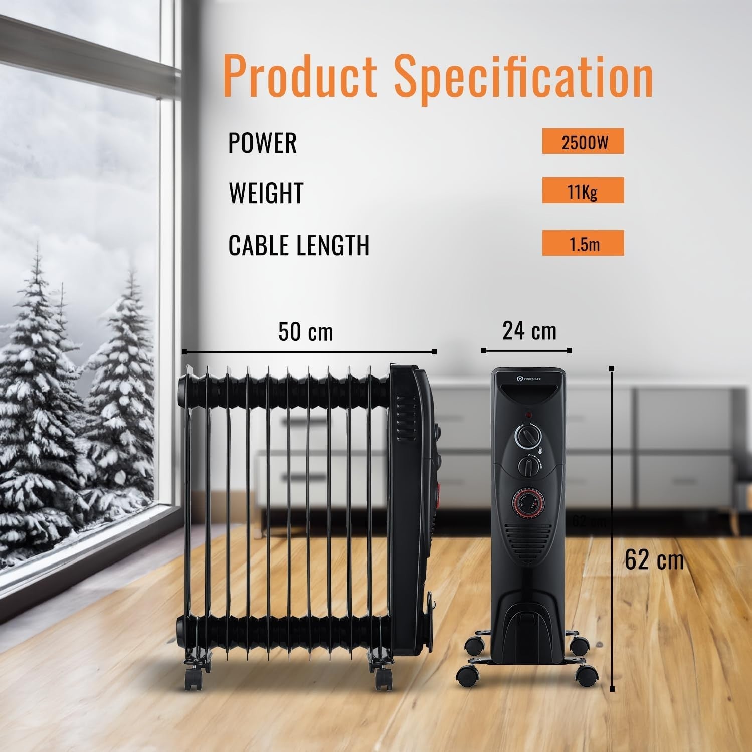 2500W Oil-Filled Radiator Heater – 11 Fins, Timer, Thermostat, Portable