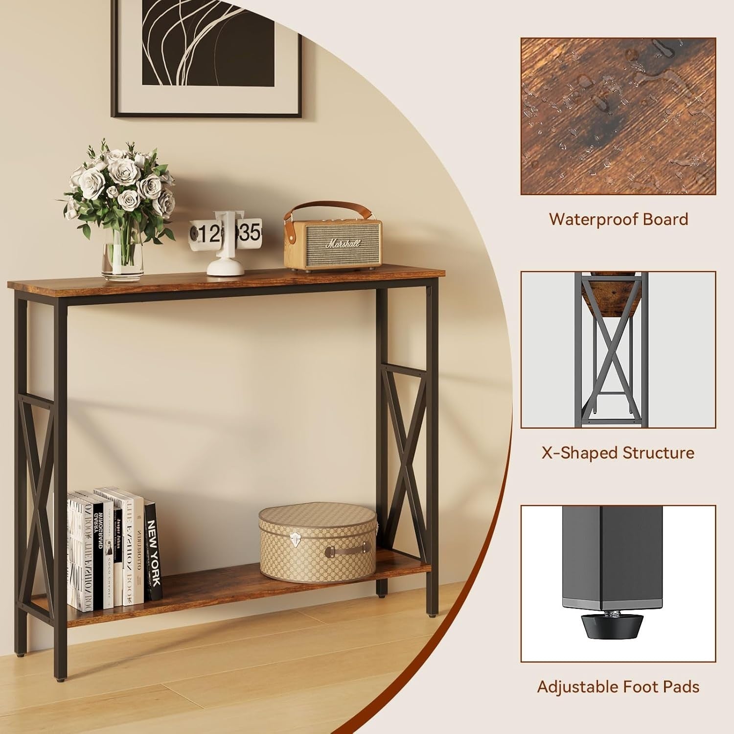 Slim Industrial Console Table with Adjustable Feet & Sturdy Metal Frame for Hall