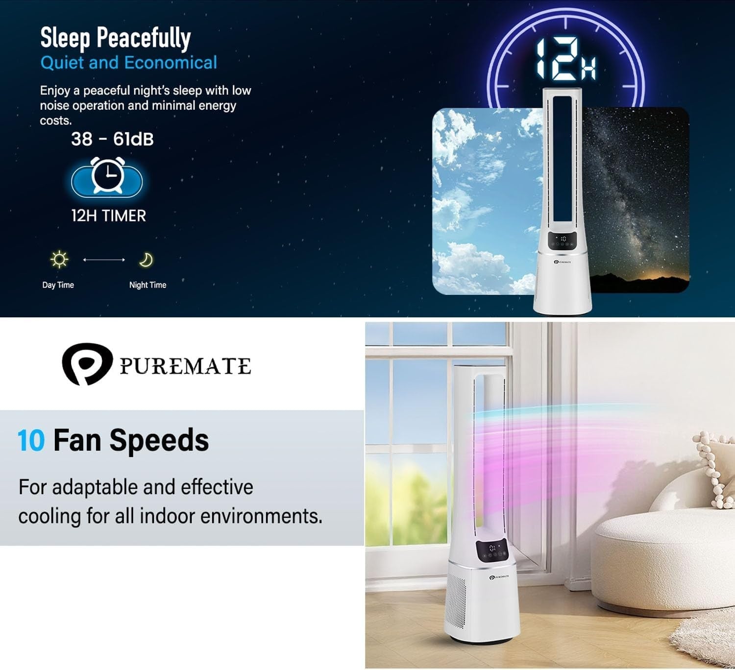 2-in-1 Bladeless Tower Fan Air Purifier HEPA Filter 10-Speed Remote White Quiet