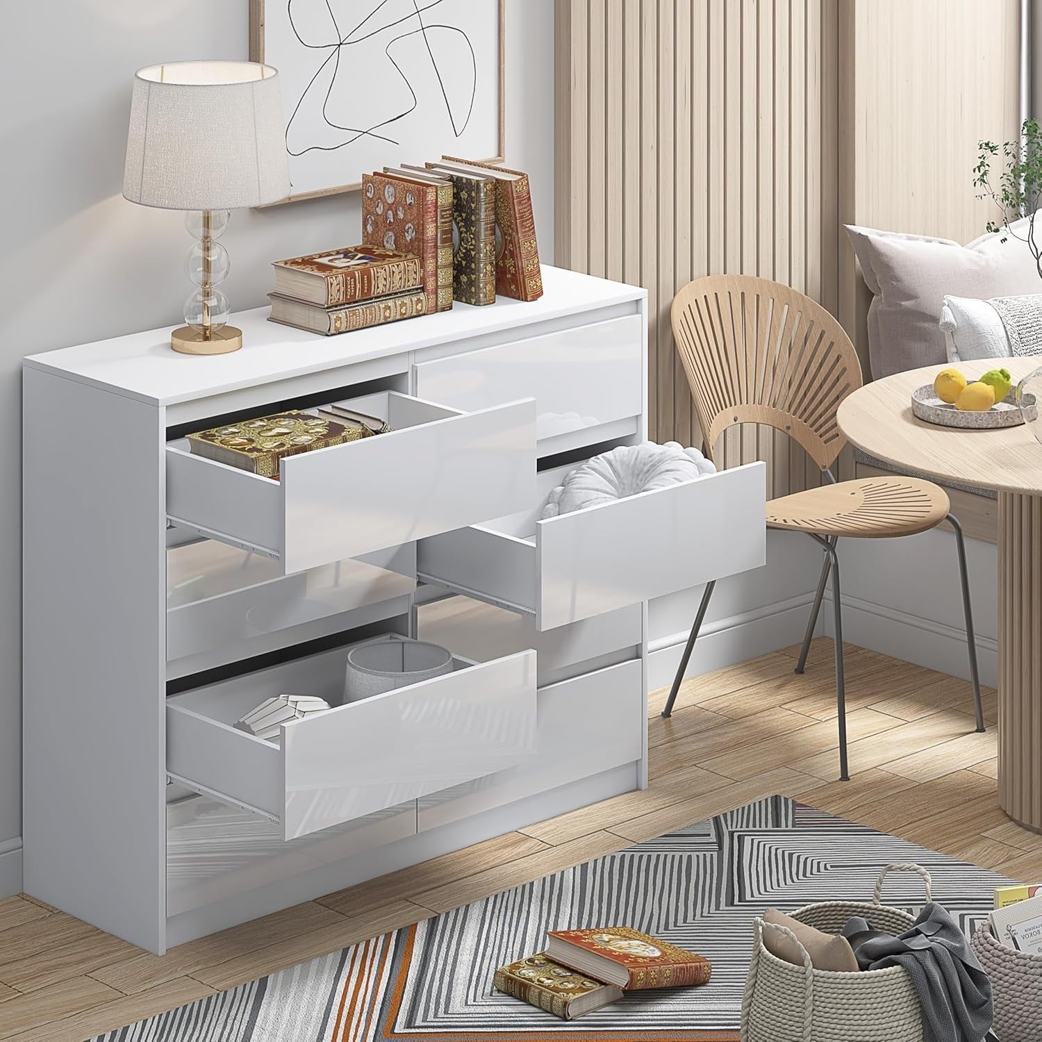 High Gloss 8 Drawer Chest | Modern Handleless Bedroom Storage | White Buffet