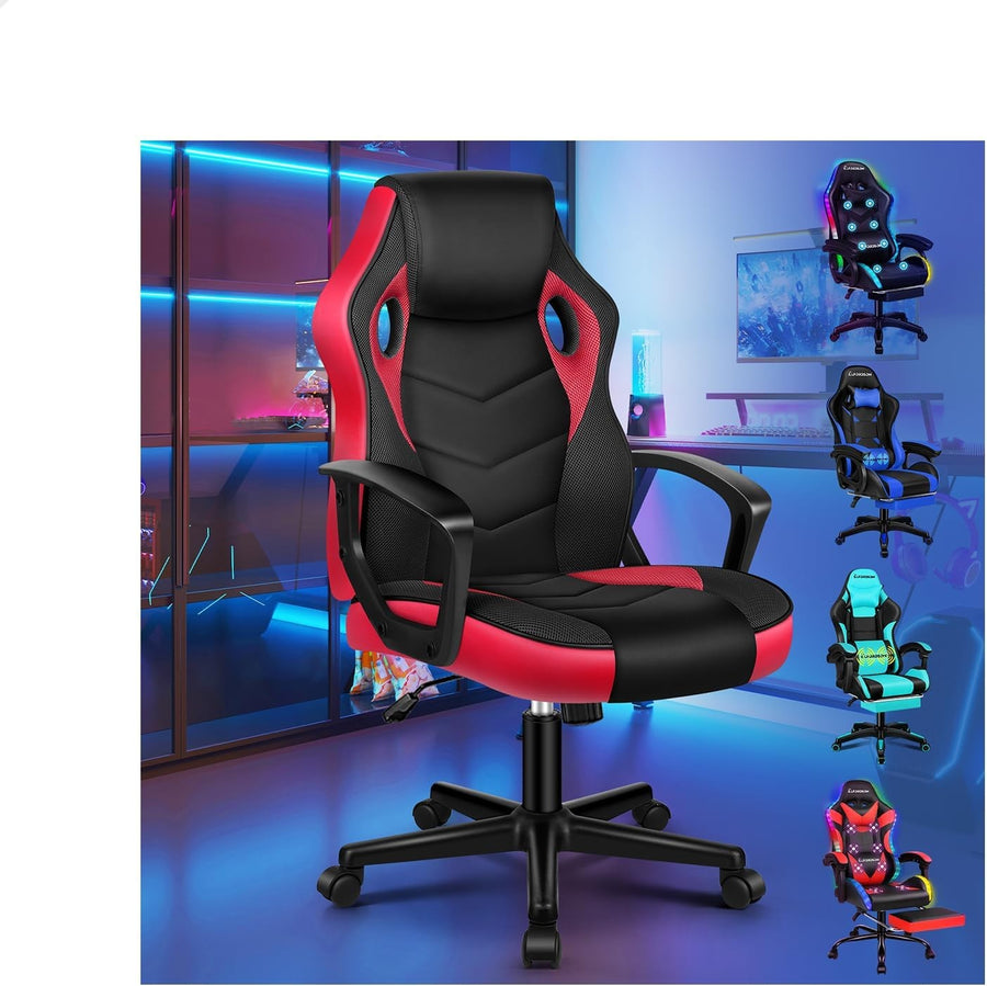 Ergonomic Gaming Chair Racing Swivel Desk Chair Mesh PU Red