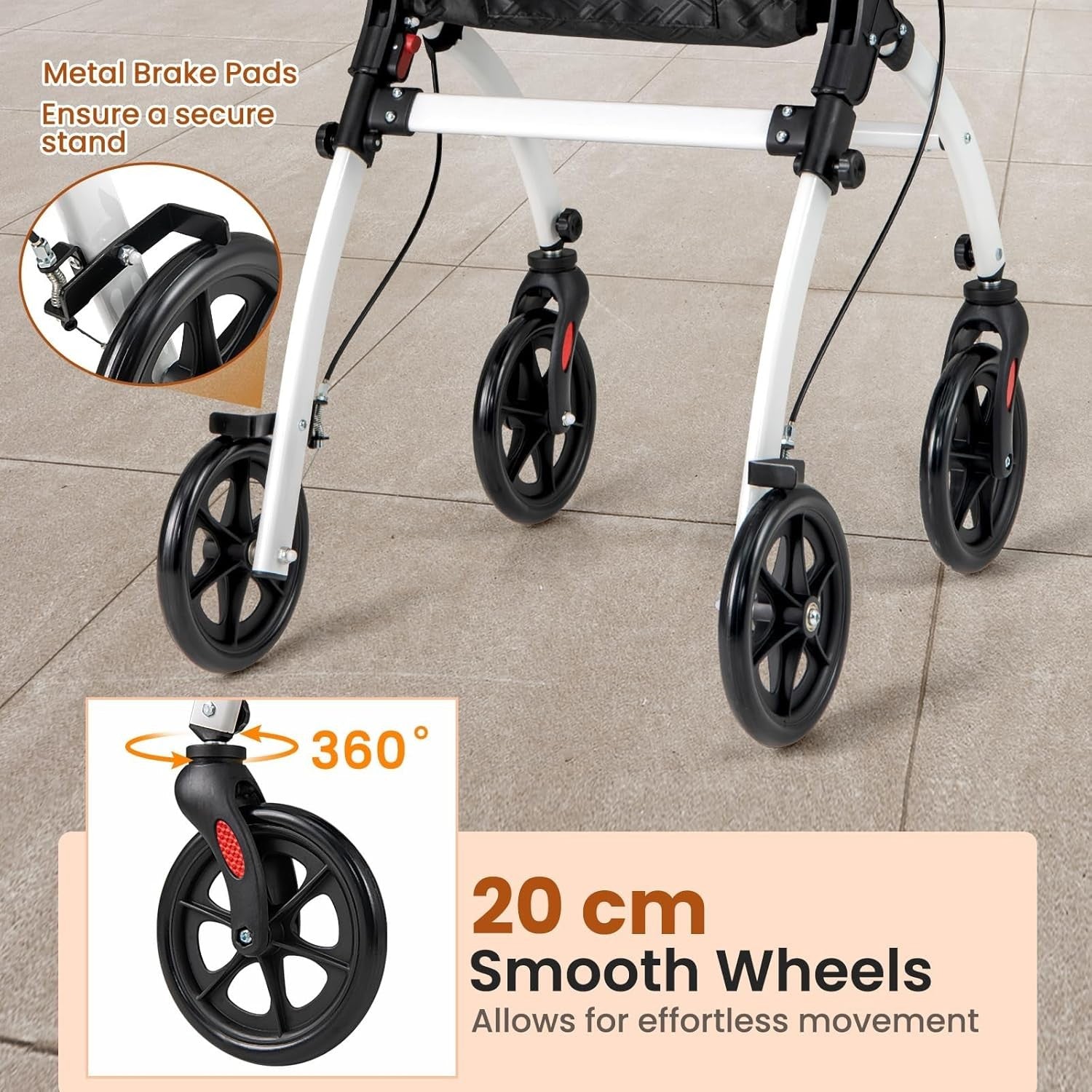 Lightweight Folding Rollator Walker 4 Wheel Basket Brakes Narrow White
