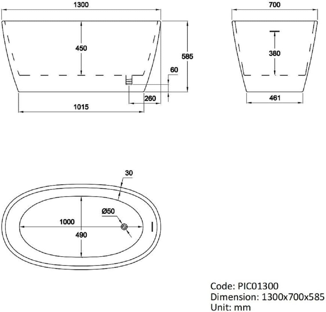 1300x715mm Small Freestanding Double Ended Bath White Acrylic Oval Tub