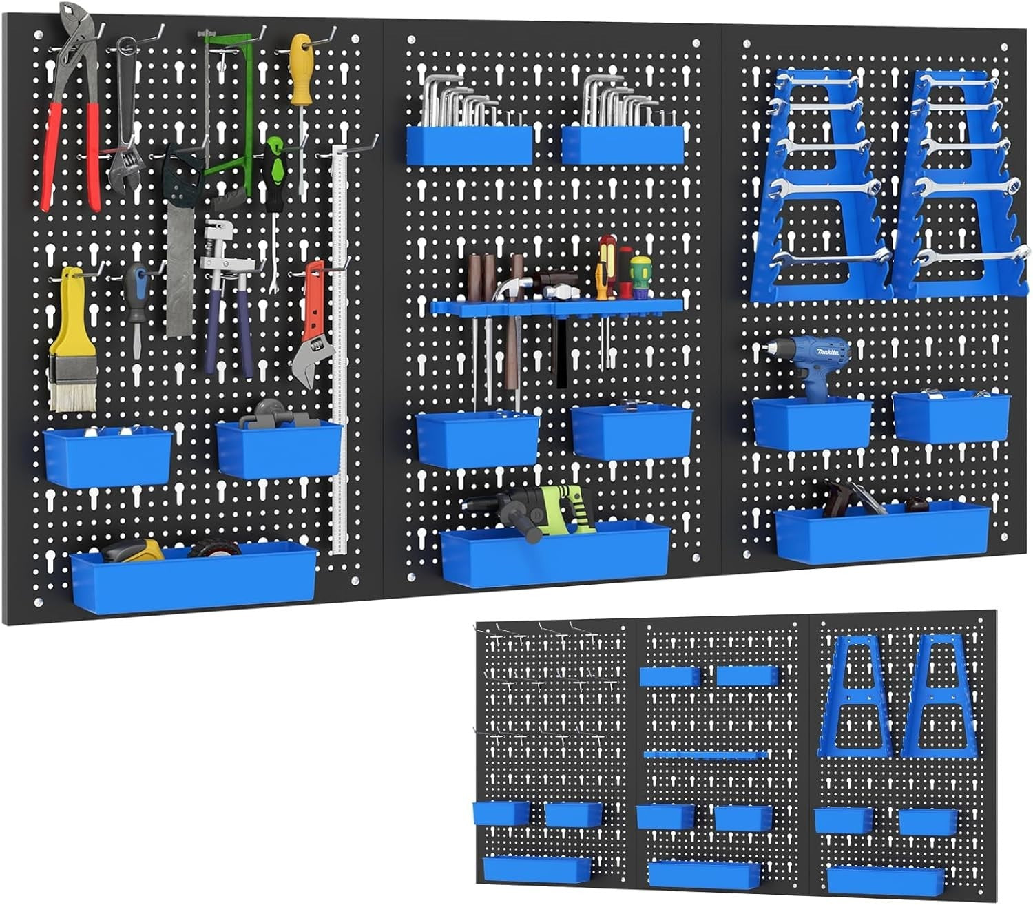 Black + Blue Wall-Mount Pegboard Kit 3 Boards with 26 Tool Accessories