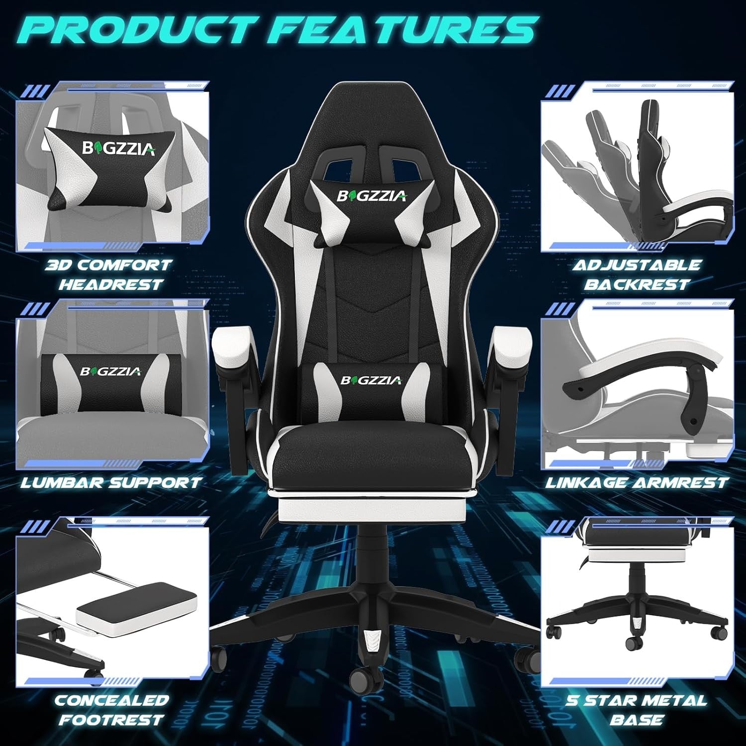 Ergonomic Gaming Chair with Footrest & Lumbar Support – White
