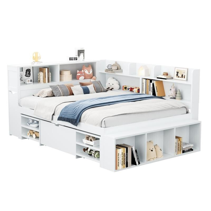 Kids Double Bed with Storage Drawers Bookcase Shelves 4ft6 White 135x190cm