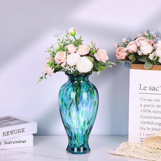 Hand Blown Glass Vase Tall 30cm Turquoise Art Flower Vase Table Centerpiece