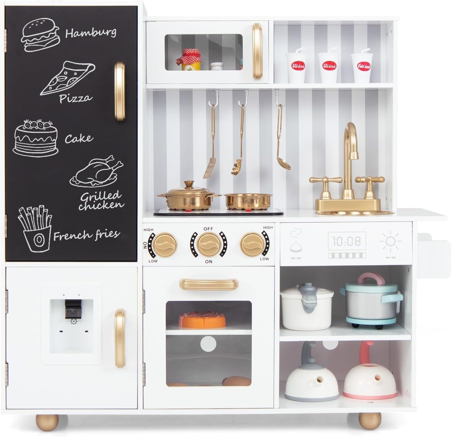 Kids Wooden Play Kitchen w/ Lights Sounds Blackboard White Gold