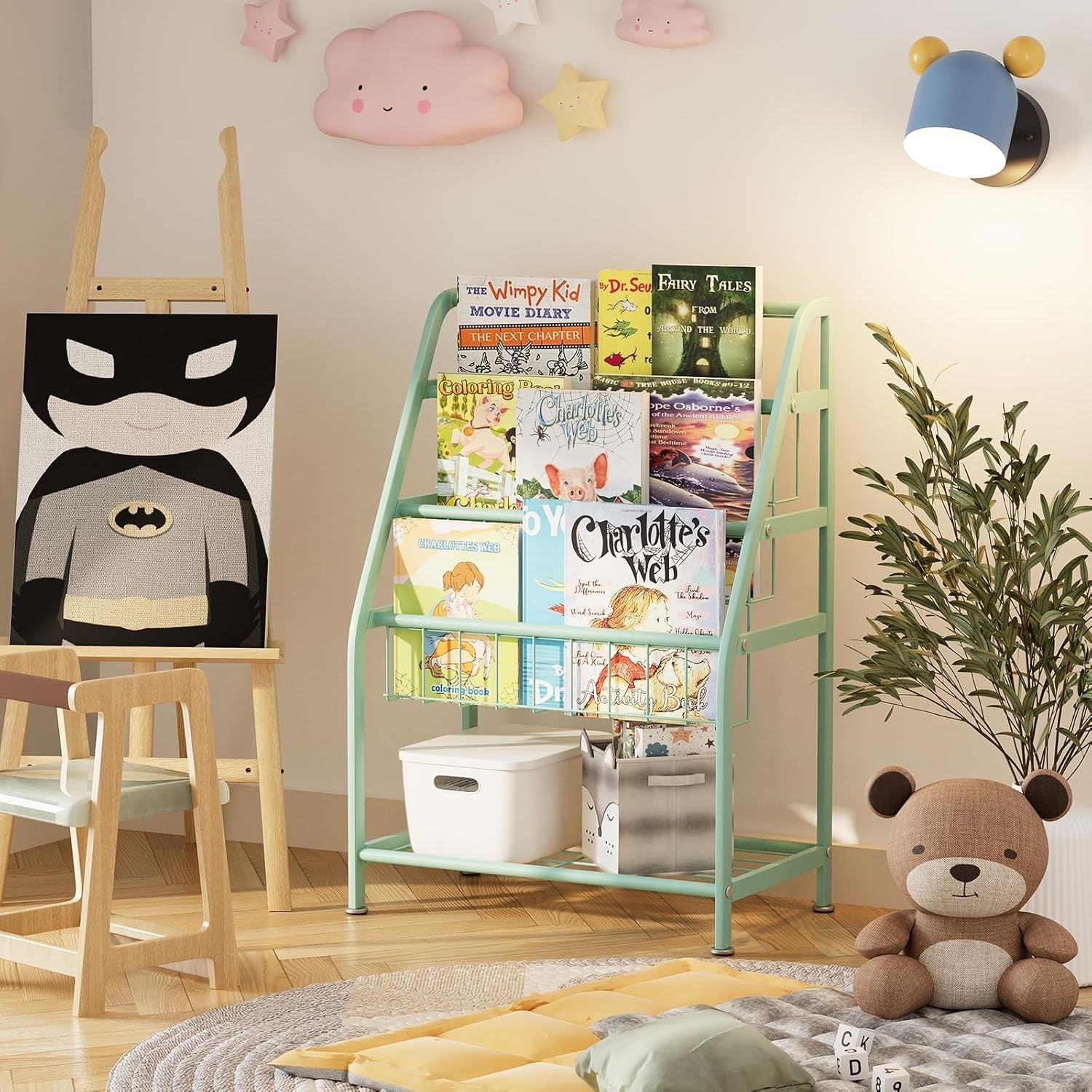 Kids Leaning Bookshelf & Toy Organizer Rack – Durable Metal, Space Saving