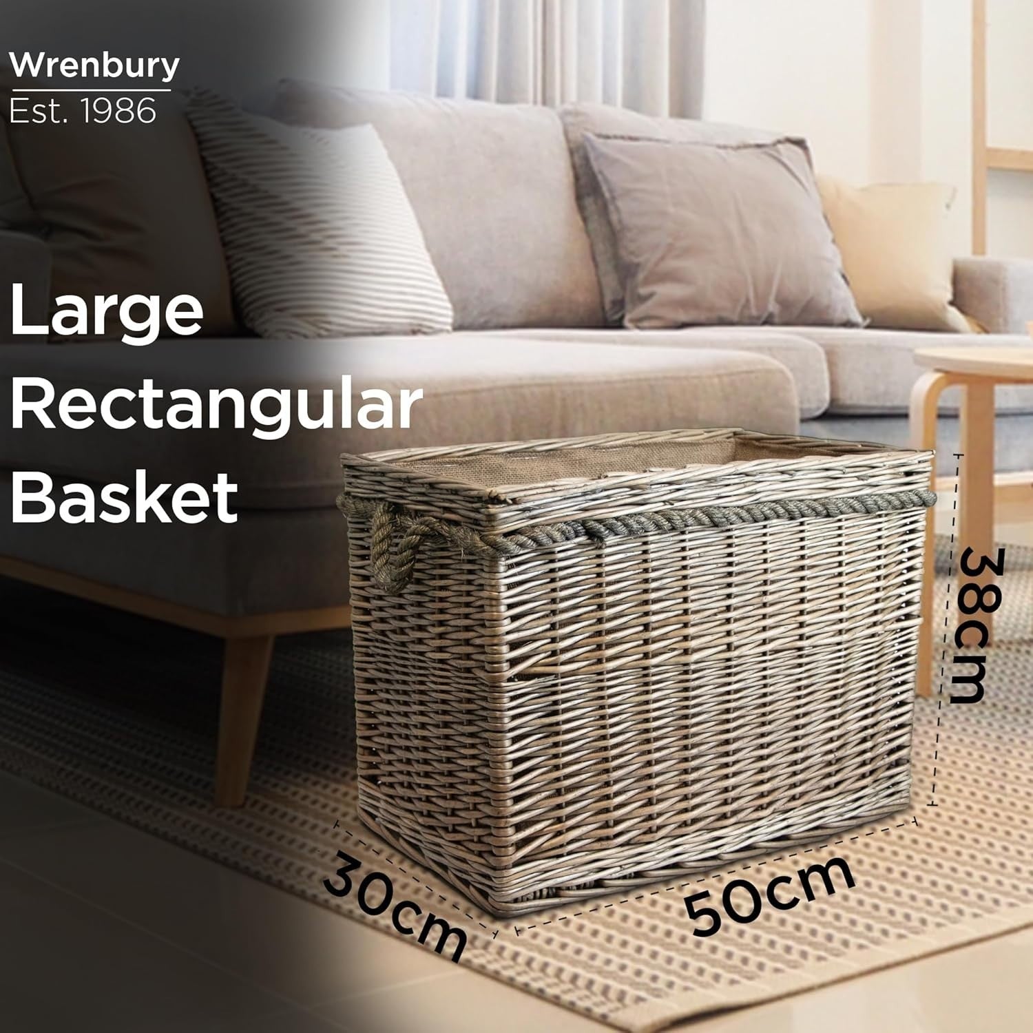 Wicker Log Basket with Rope Handles – Firewood Storage 38x50cm