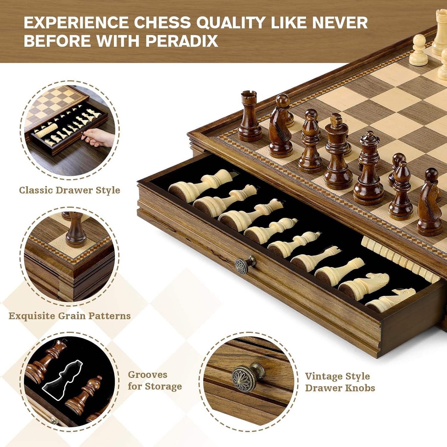 38cm Wooden Magnetic Chess Set with Storage Drawers & Extra Queens
