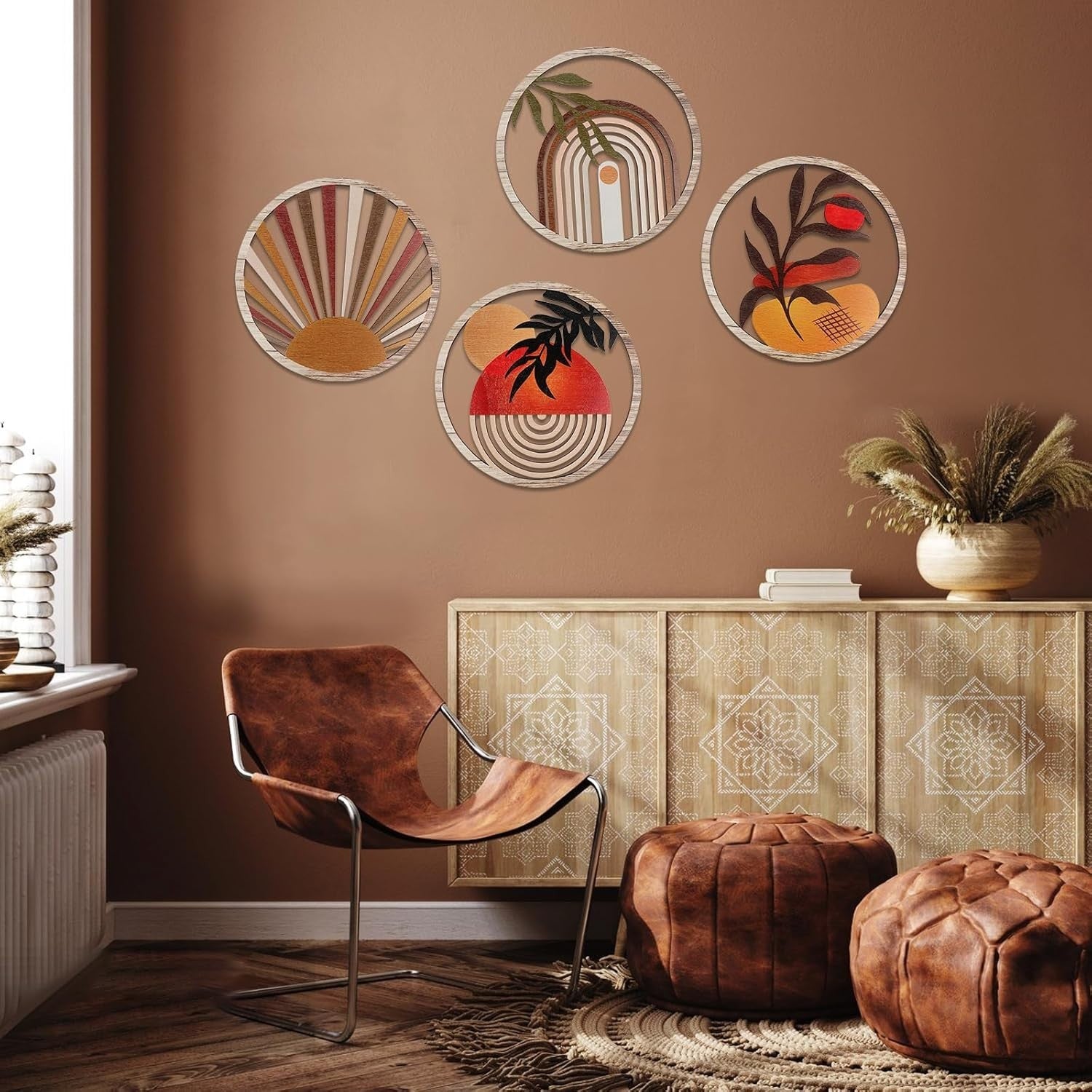 4PCS Boho Wooden Wall Art Botanical Hanging Round Farmhouse Decor