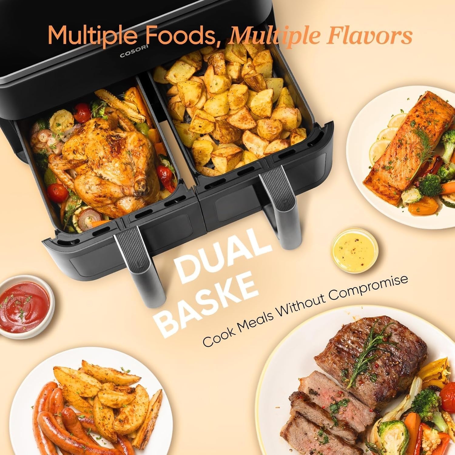 6.4L Dual Heat Smart Air Fryer No Shake No Preheat App Control 12 Functions