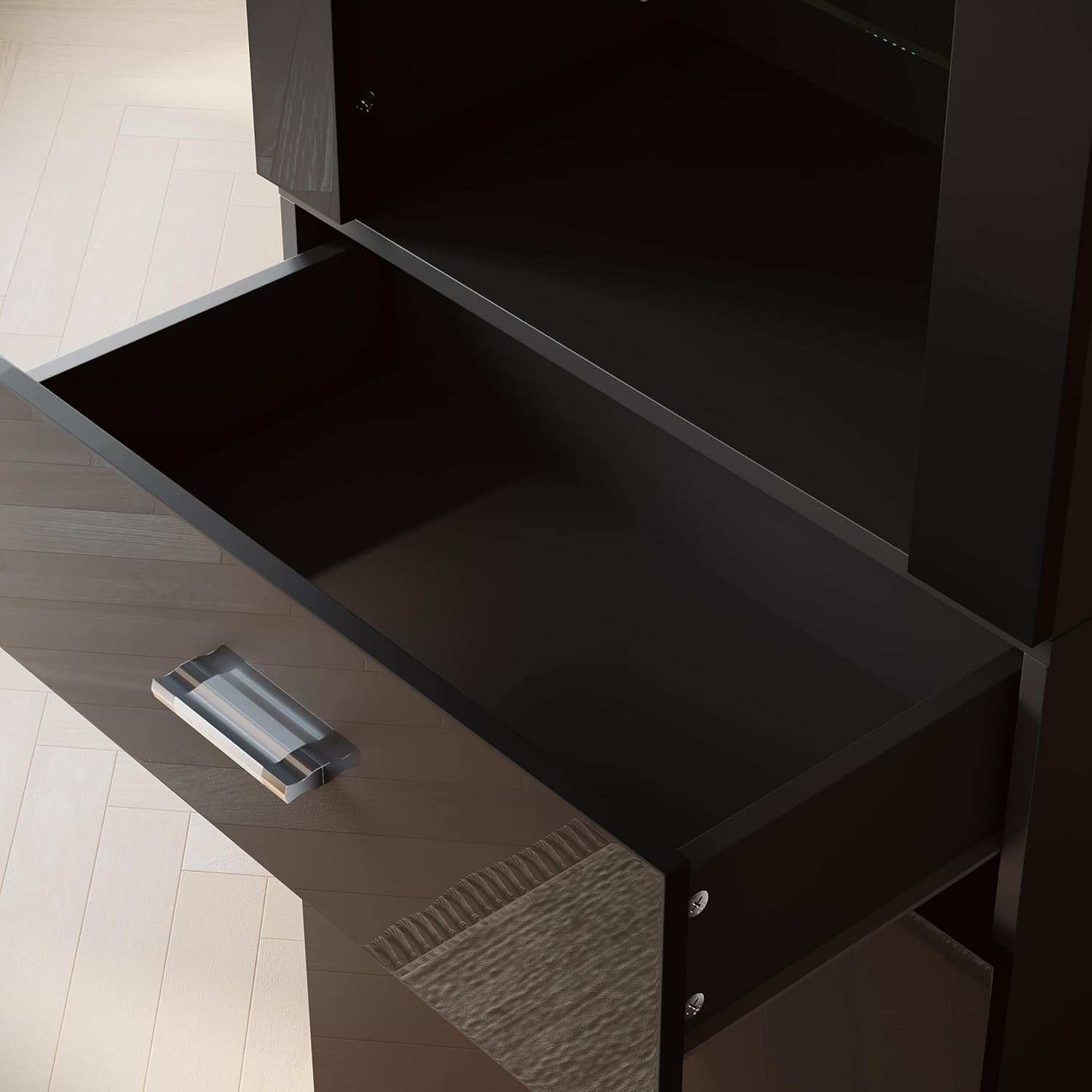 Tall Black Gloss LED Display Cabinet with Drawer & 5 Shelves Modern Storage Unit