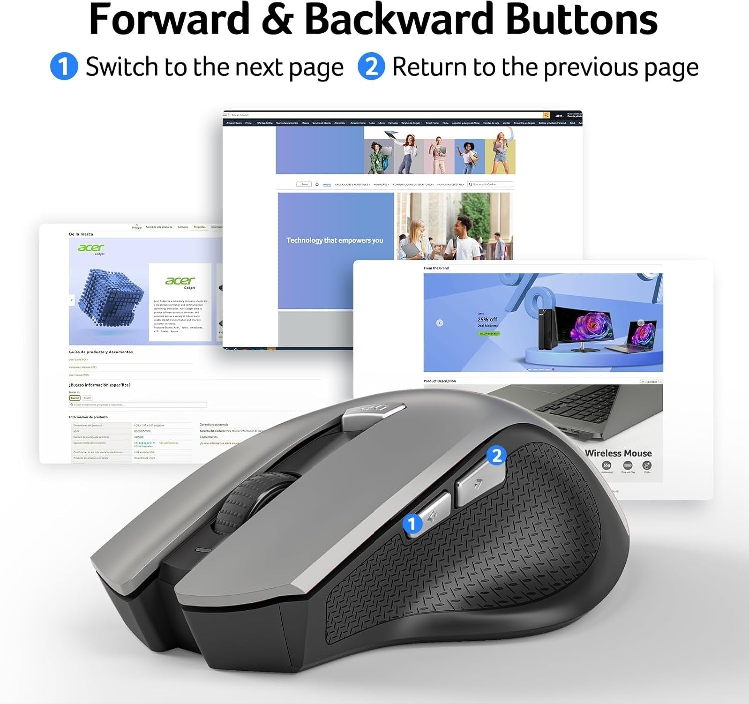 Ergonomic Wireless Mouse 2.4GHz 6-Button Adjustable DPI for Laptop PC