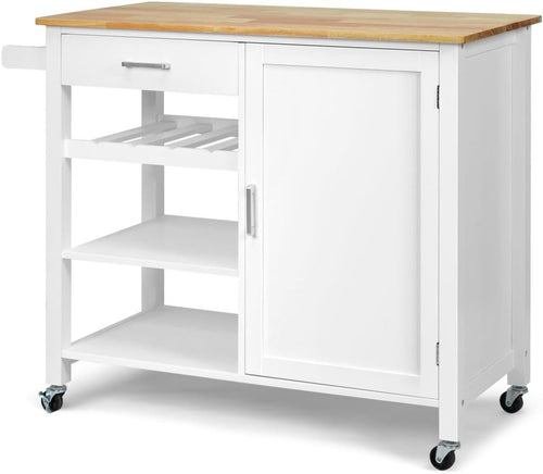 Kitchen Island Cart on Wheels with Oak Worktop Storage Trolley Wine Rack