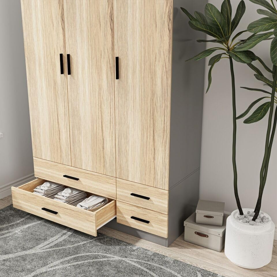 3 Door Wardrobe Grey Oak 4 Drawer Storage Hanging Rail Bedroom Cupboard