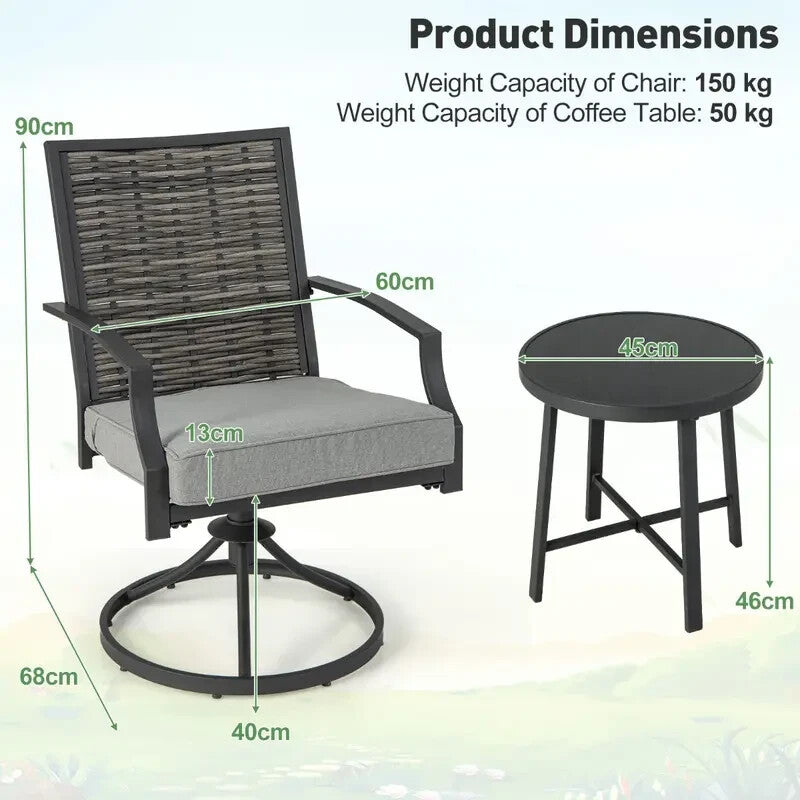 3pc Patio Swivel Chair Bistro Set w/Table Rattan Cushions Garden Deck