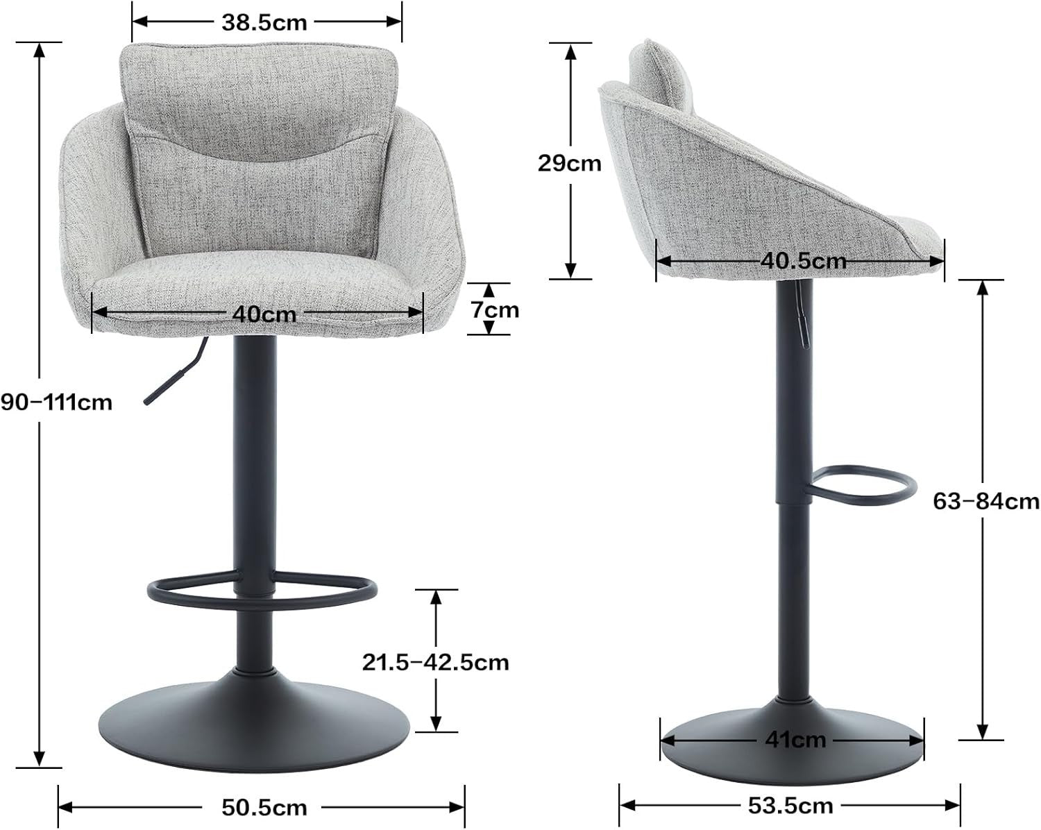 Adjustable Grey Linen Bar Stools Set of 2 Swivel Kitchen Counter