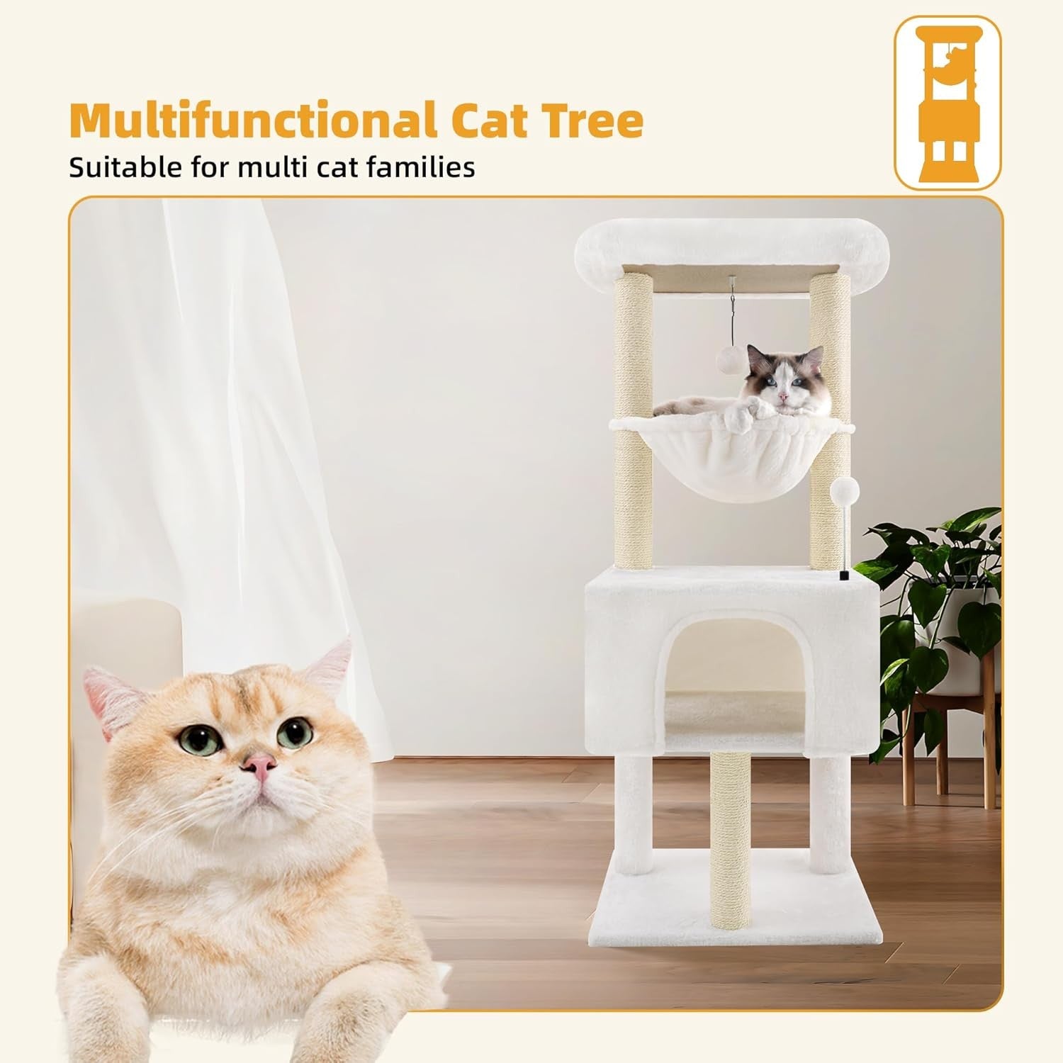 110cm Cat Tree Tower with Condo Hammock Sisal Scratching Posts Indoor