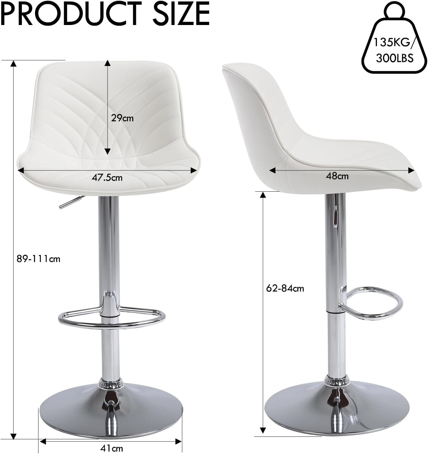 Adjustable White Faux Leather Bar Stools Set of 2 | Swivel Kitchen & Counter
