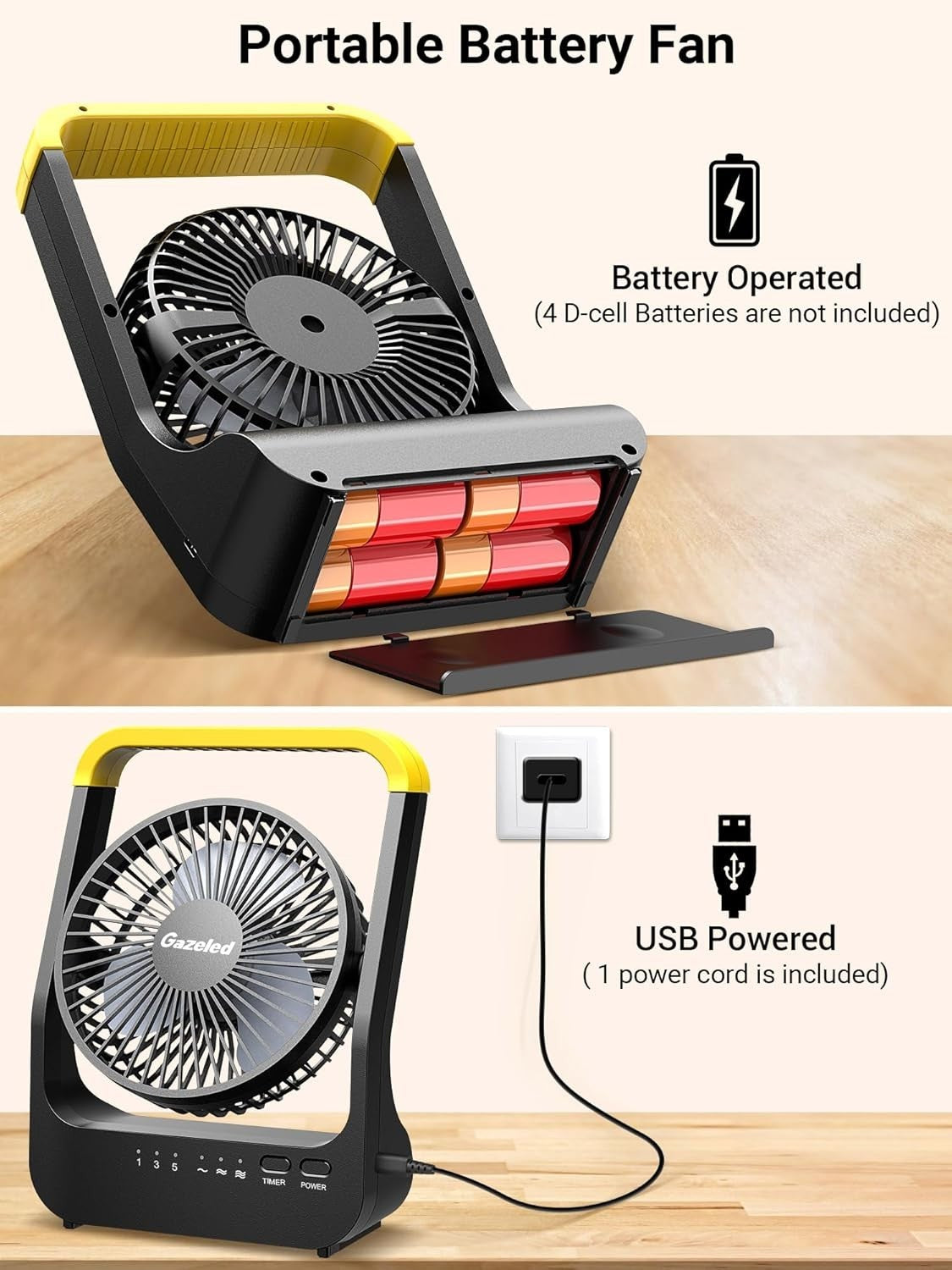 5-Inch Portable Battery Fan – Quiet 3-Speed Desk Cooling w/ Timer & USB Power